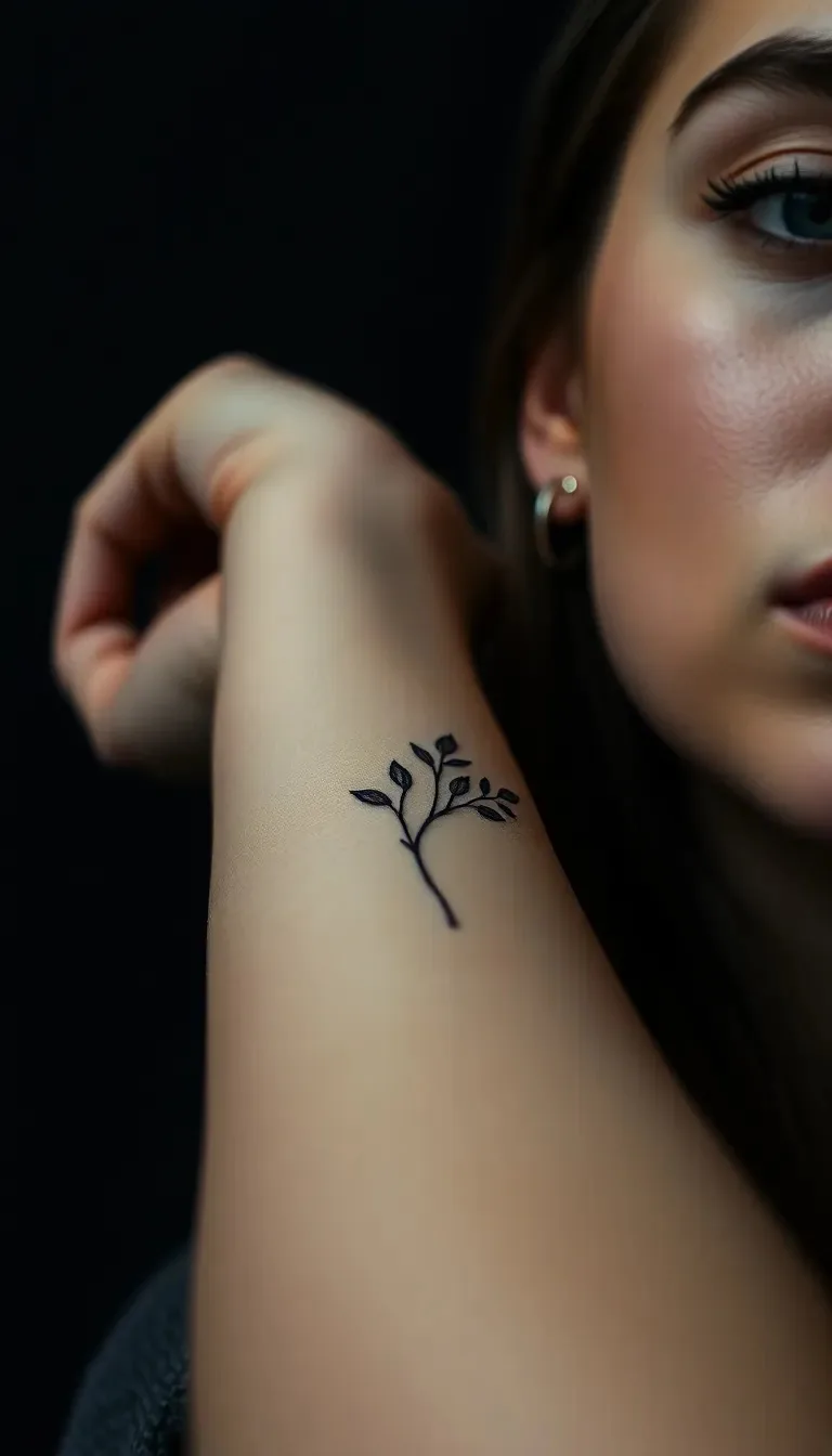 Fine-line botanical tattoo on a forearm