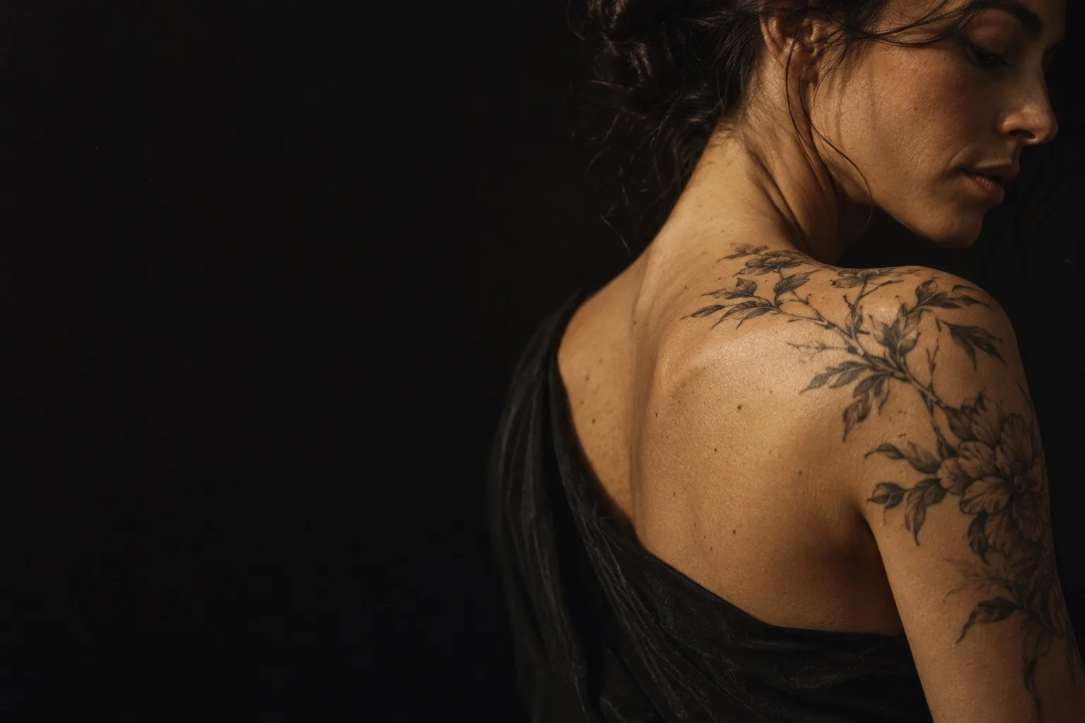 Woman with a botanical shoulder tattoo